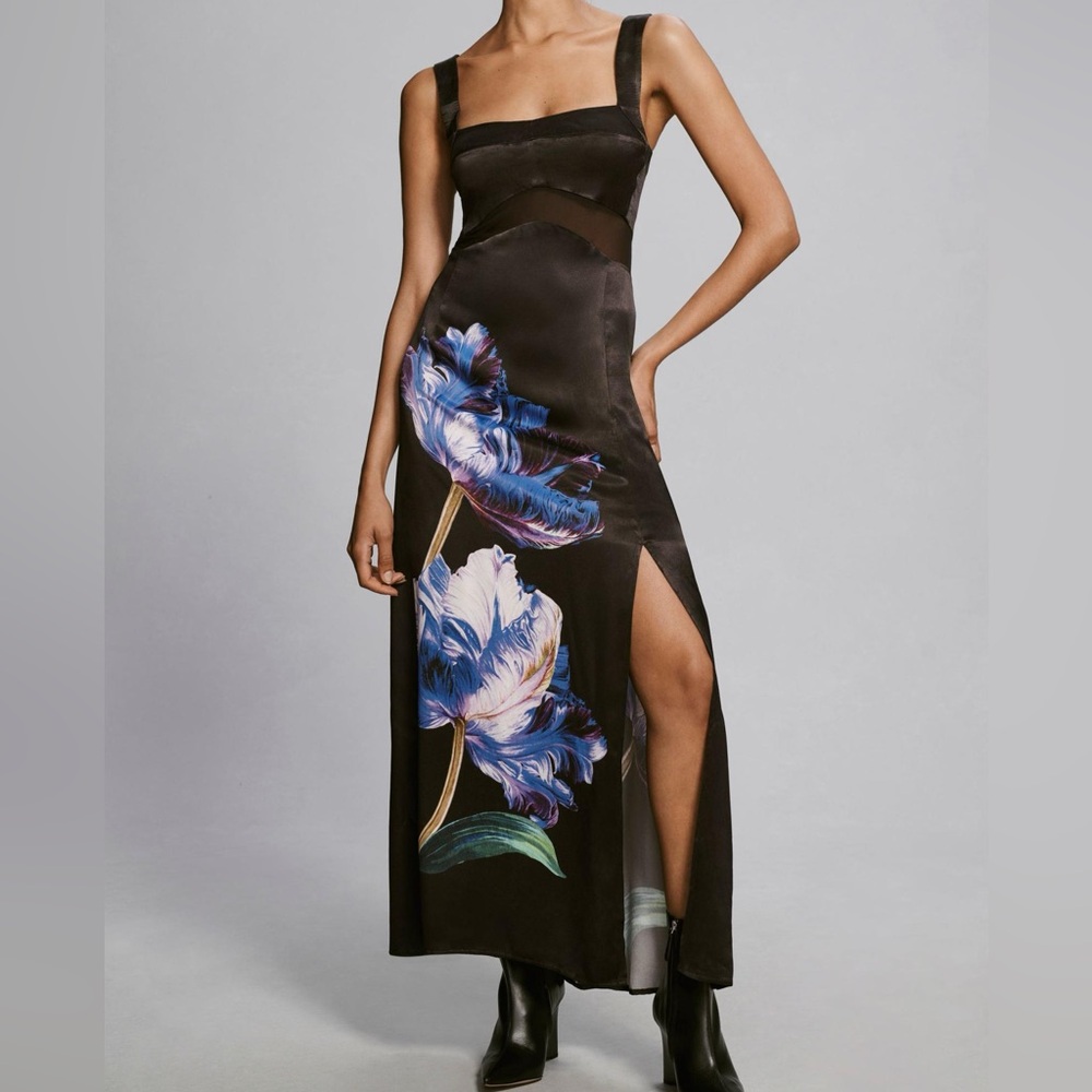 Anthropologie Black Floral Sleevless Maxi Dress with Slit NWT